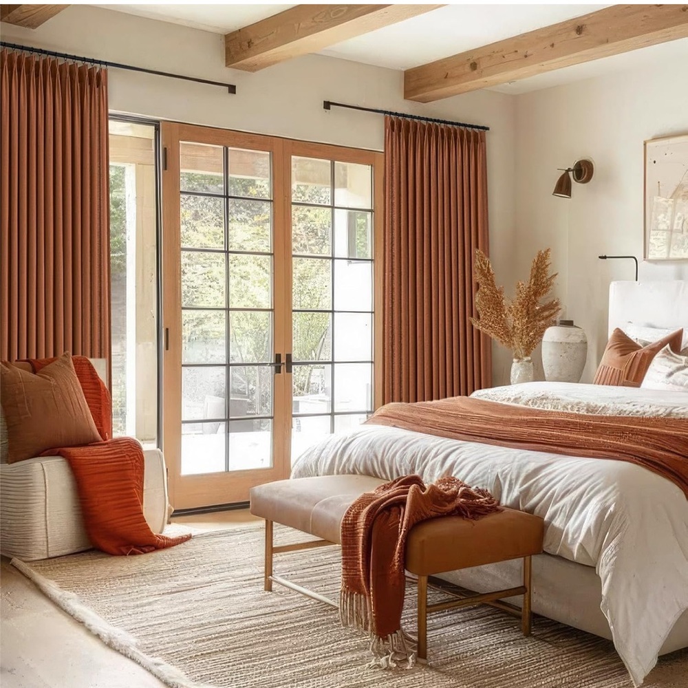 Two Terracotta Pinch Pleated Sheer Curtains Panels - Picture 2 of 6